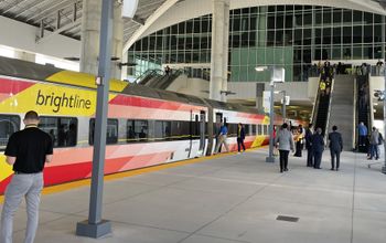 The Brightline train at the new Orlando Airport station.
