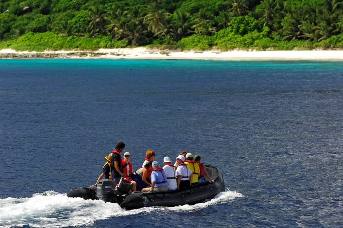 Guests in zodiac boat to the Seychelles’ Vallee de Mai Nature Reserve.