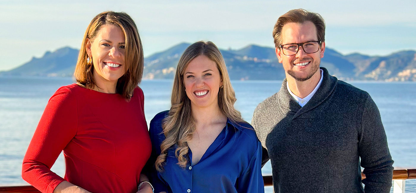 Image: (From left to right) Windstar Chief Commercial Officer Janet Bava, Vice President of Marketing Patricia Gonzalez, and Creative Director Dane Neal Cox aboard Star Legend   (Photo Credit: Windstar)