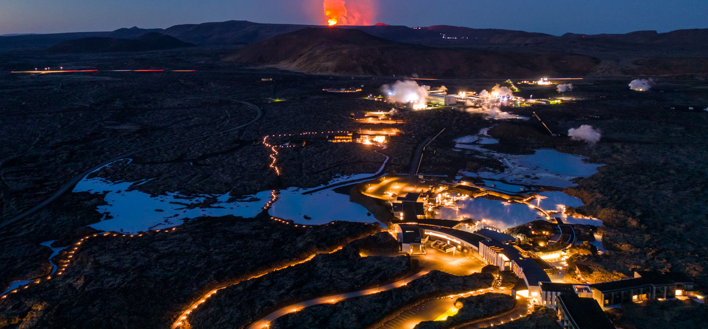 Image: An aerial view of the erupting volcano in Grindavik, Iceland. (photo via Blue Lagoon Iceland) (Photo Credit: (photo via Blue Lagoon Iceland))