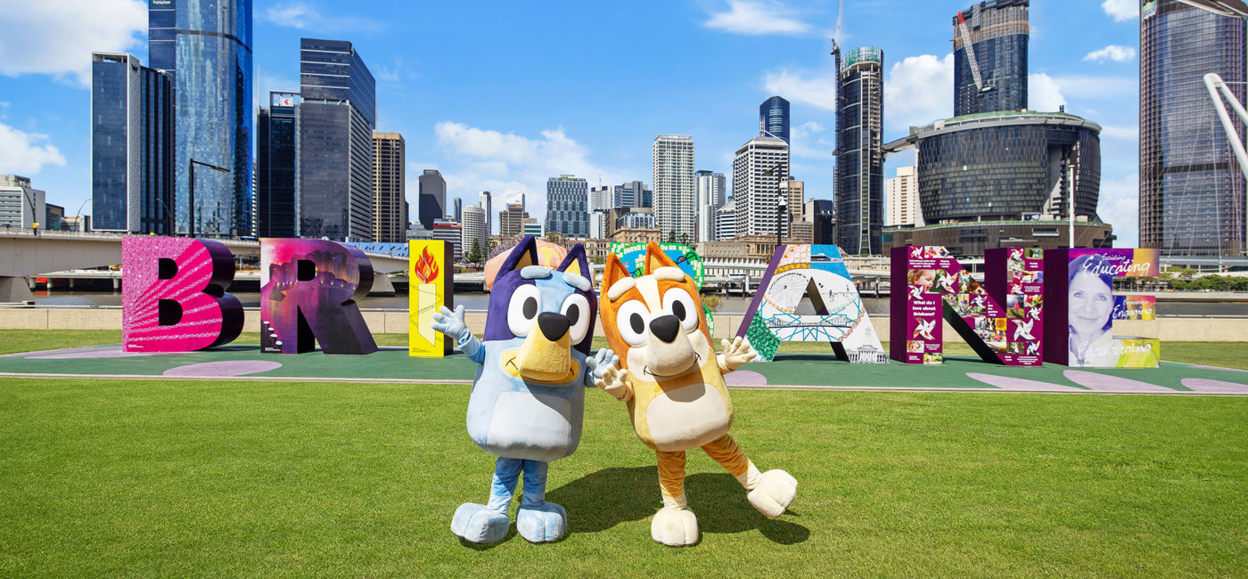 Image: Bluey and Bingo in Brisbane. (Photo Credit: Bluey's World Media)