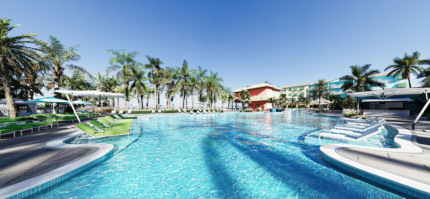 Image: The Fins Up! pool and beach beyond at Margaritaville Beach Resort Fort Myers Beach, Florida.  (Photo Credit: Margaritaville Hotels & Resorts)