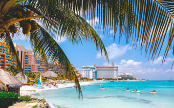 Cancun beach with hotels.