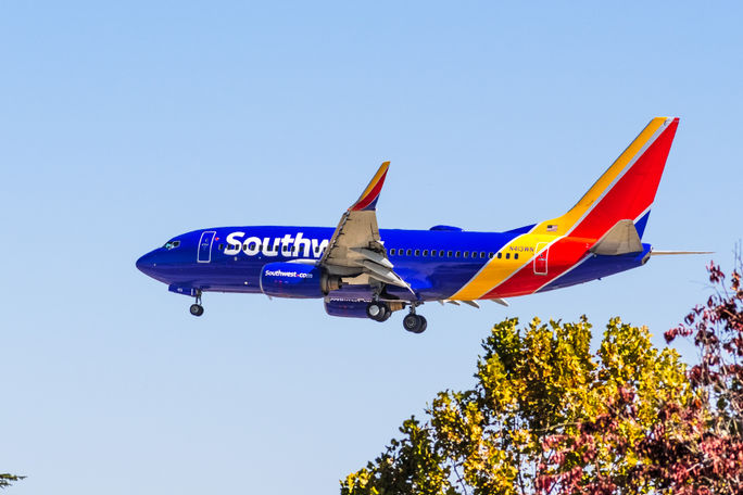 Southwest Airlines aircraft approaching San Jose International Airport