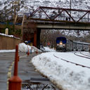 Amtrak train in the snow.