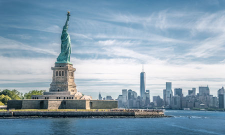 The statue of Liberty and Manhattan, New York City.