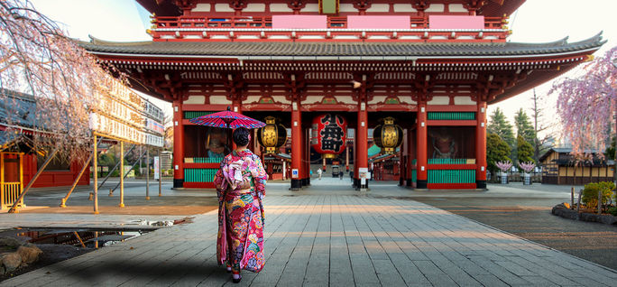 Young Asian woman wearing a Japanese kimono sightseeing at Senso-ji Temple gate with cherry blossom trees during a spring morning in Asakusa district of Tokyo. 
